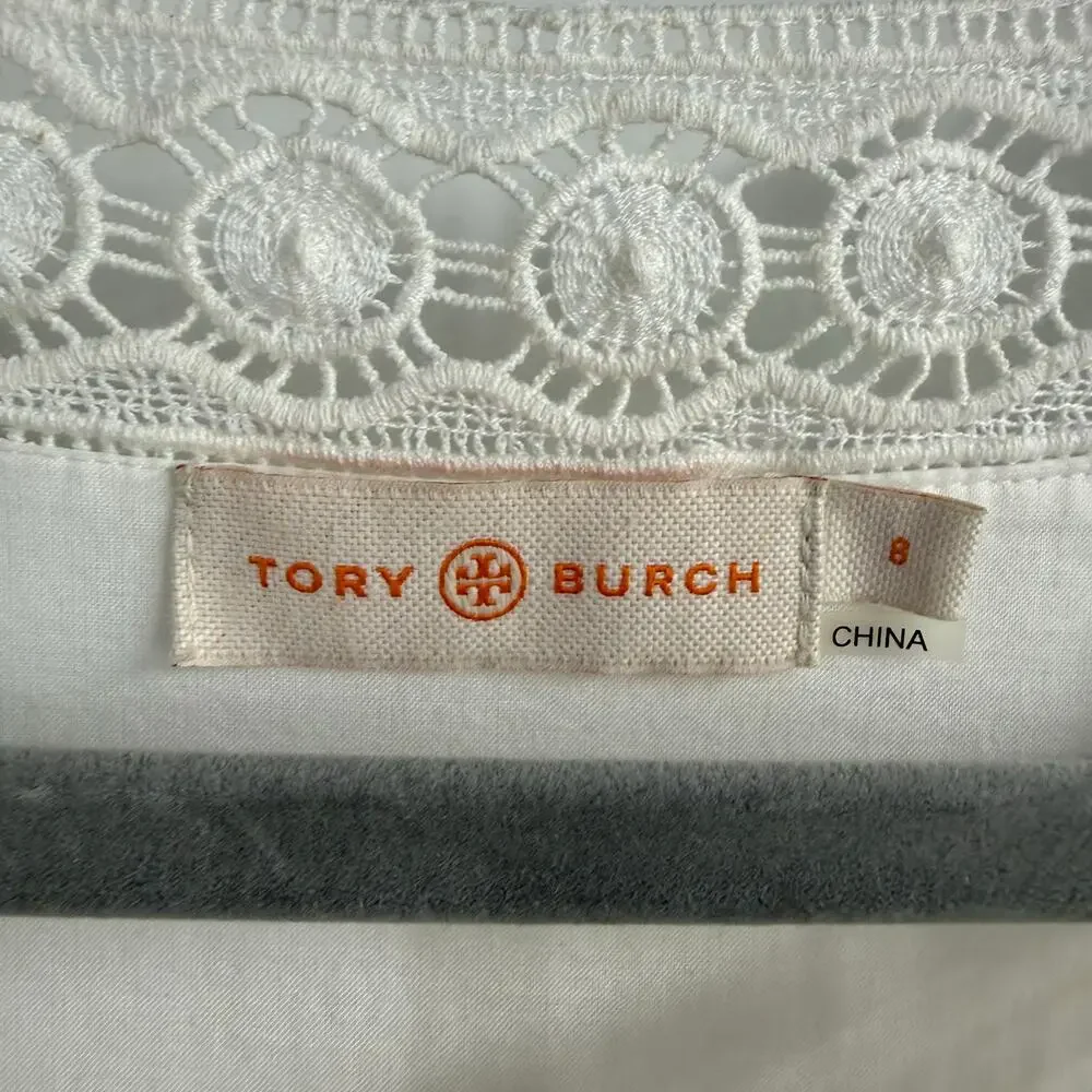 Tory Burch Cotton Lace Trimmed Larissai Dress Womens Sz 4 White Short Sleeve